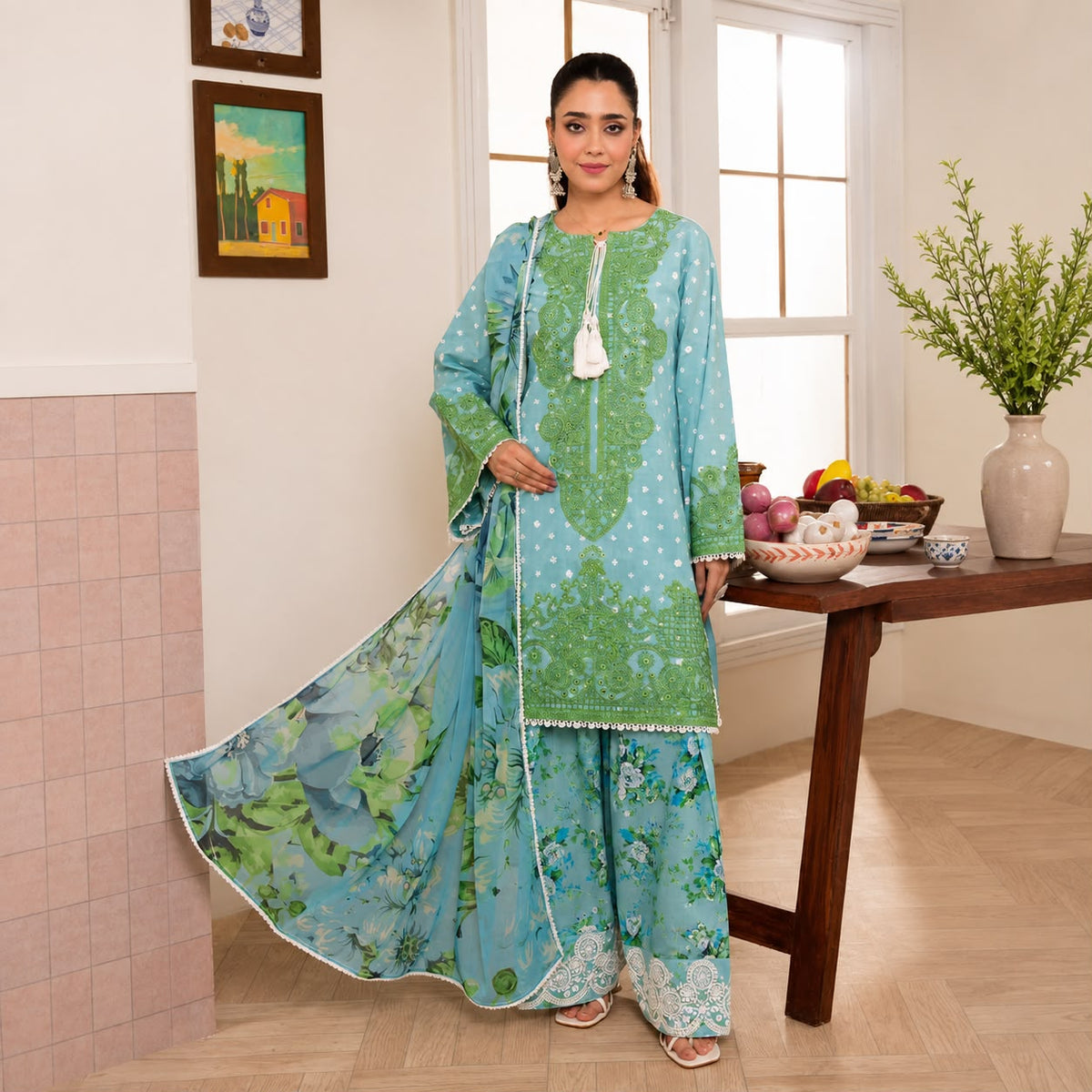 Aqua & Green Farshi Suit