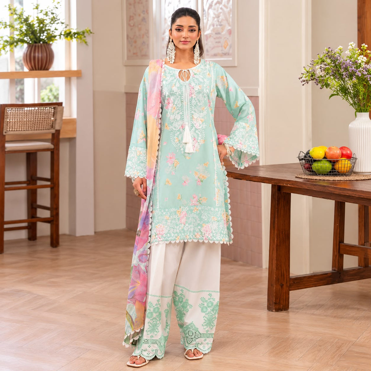 Mint Green & Pastel Floral Farshi Suit